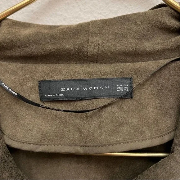 Zara Faux Suede Olive Green Draped Asymmetrical Zip Up Moto Jacket - Picture 10 of 12